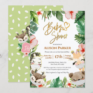 Cute Safari Pink Floral Greenery Baby Girl Shower Invitation