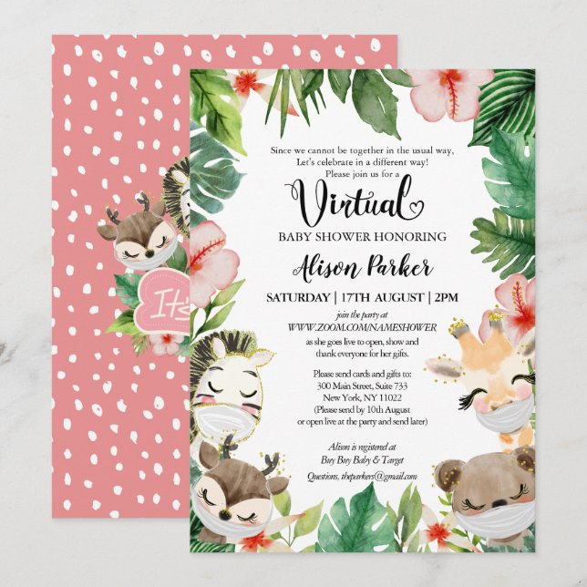 Cute Safari Pink Floral Greenery Baby Girl Virtual Invitation (Front/Back)