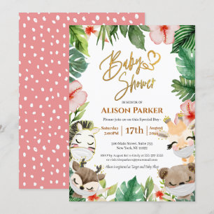 Cute Safari Pink Floral Greenery Baby Shower Invitation