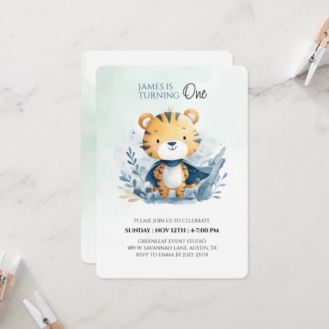 Cute Safari Tiger 1er Invitation anniversaire (Devant/Arrière en situation)