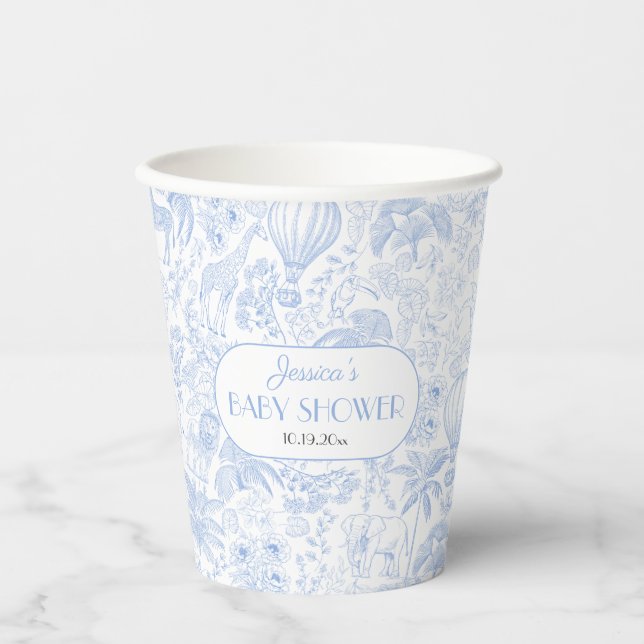 Cute Safari Toile de Jouy Blue Baby Shower Paper Cups (Front)