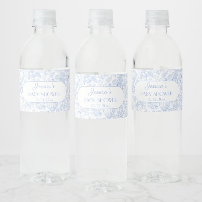 Cute Safari Toile de Jouy Boy Baby Shower Favour Water Bottle Label (Bottles)