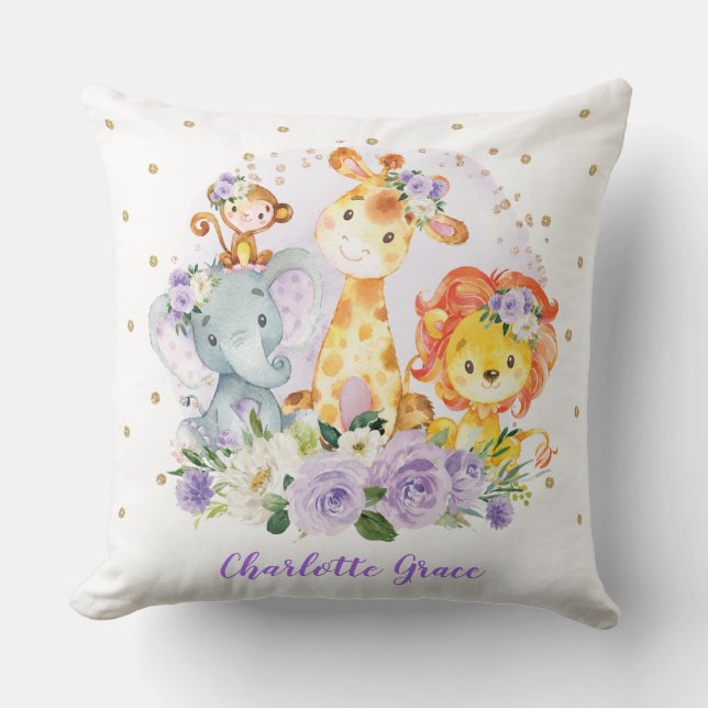 Cute Safari Wild Animals + Purple Roses Greenery Throw Pillow (Front)