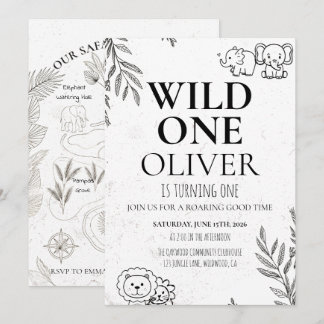Cute Safari Wild One 1st Birthday Map Party Invitation