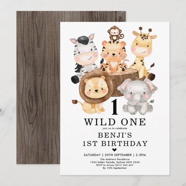 Cute Safari Wild One 1st Birthday Party Invitation (Front/Back)