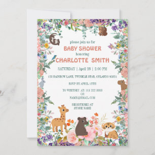 Cute safari zoo animals jungle floral baby shower  invitation