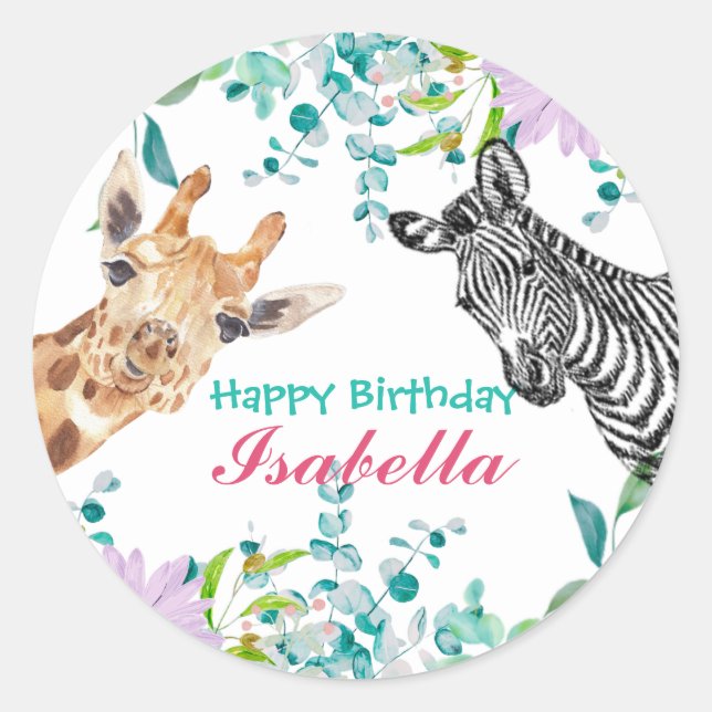 cute safari zoo animals jungle Floral Birthday Classic Round Sticker (Front)