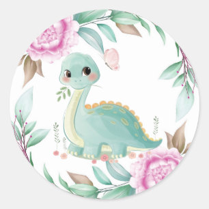 Cute Sage Dinosaur and Pink Peony Baby Shower Classic Round Sticker