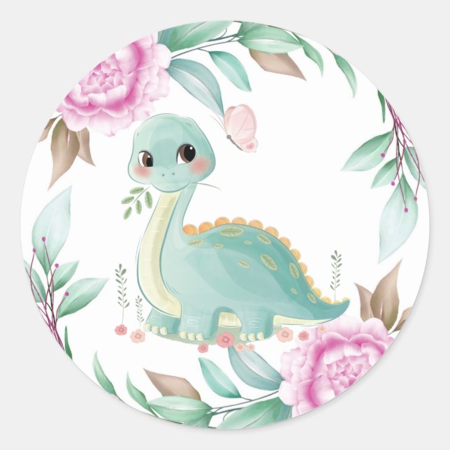 Cute Sage Dinosaur and Pink Peony Baby Shower Classic Round Sticker (Front)