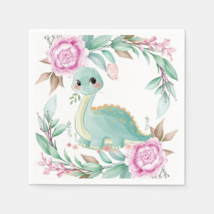 Cute Sage Dinosaur and Pink Peony Baby Shower  Napkin