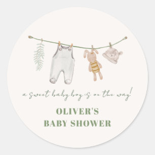 Cute Sage Green Boho Boy Clothes Baby Shower Classic Round Sticker