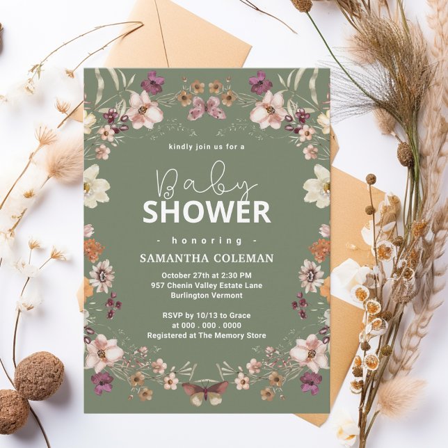 Cute Sage Green Boho Wildflower Modern Baby Shower Invitation (Creator Uploaded)