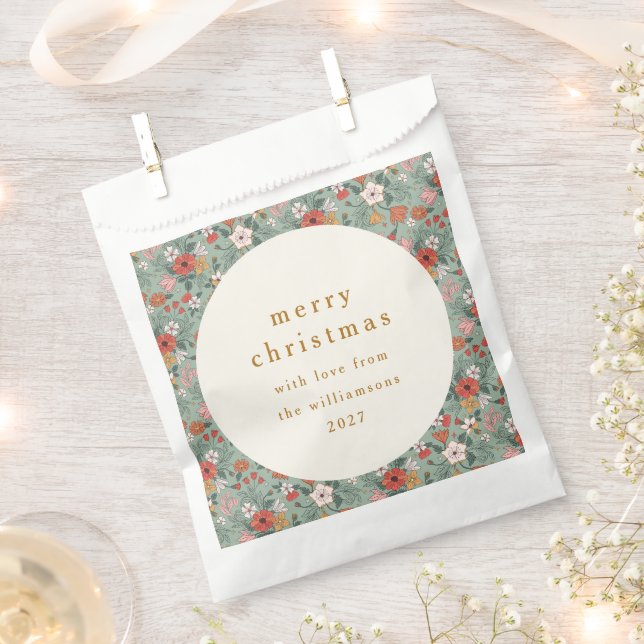 Cute Sage Green Botanical Custom Merry Christmas Favour Bag (Clipped)