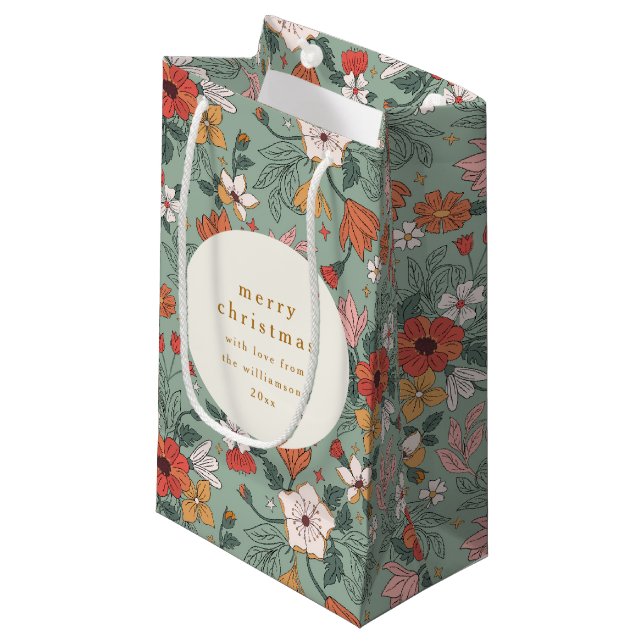Cute Sage Green Botanical Custom Merry Christmas Small Gift Bag (Front Angled)