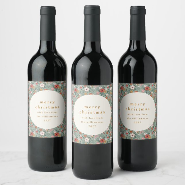 Cute Sage Green Botanical Custom Merry Christmas Wine Label (Bottles)