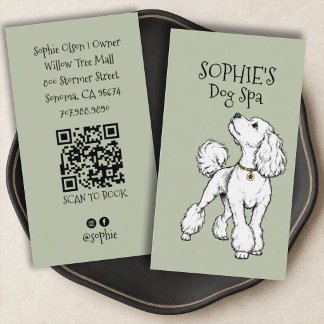 Cute Sage Green Dog Grooming Spa QR Code Business Card