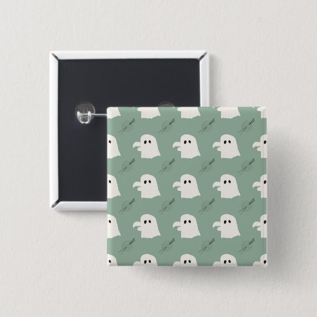 Cute Sage Green Ghost Cardigan Pattern  2 Inch Square Button (Front & Back)