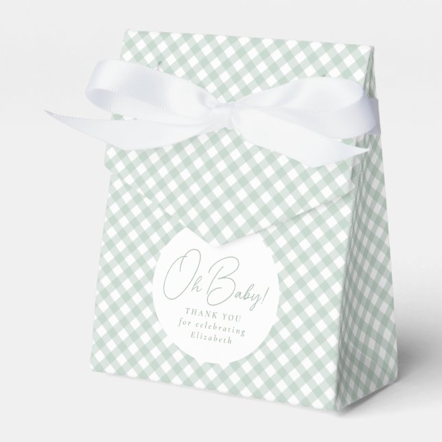 Cute sage green gingham neutral baby shower favor box (Front Side)