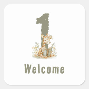  Cute Sage Green Giraffe 1st Birthday  Welcome Square Sticker