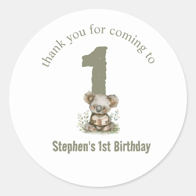  Cute Sage Green Koala Bear 1st Birthday Party  Classic Round Sticker (Front)