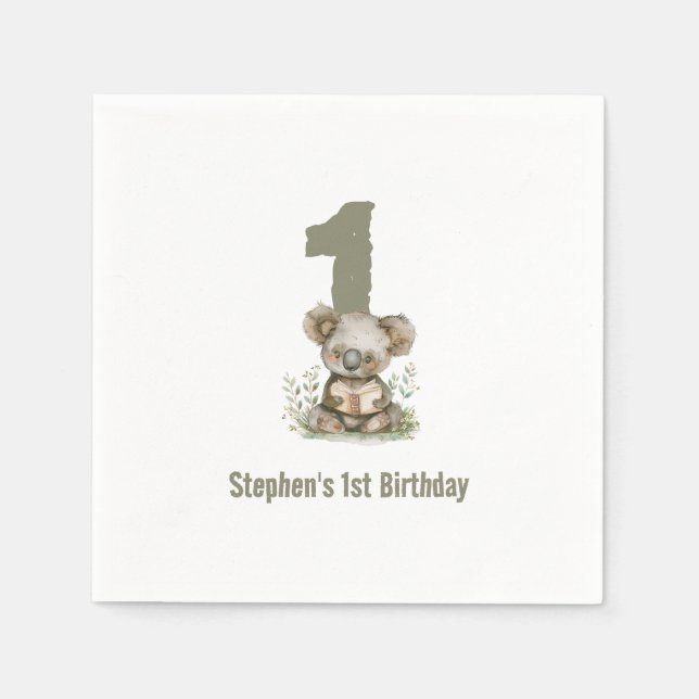  Cute Sage Green Koala Bear 1st Birthday Party  Napkin (Front)
