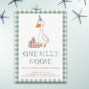Cute Sage Green One Silly Goose 1st Birthday Invitation