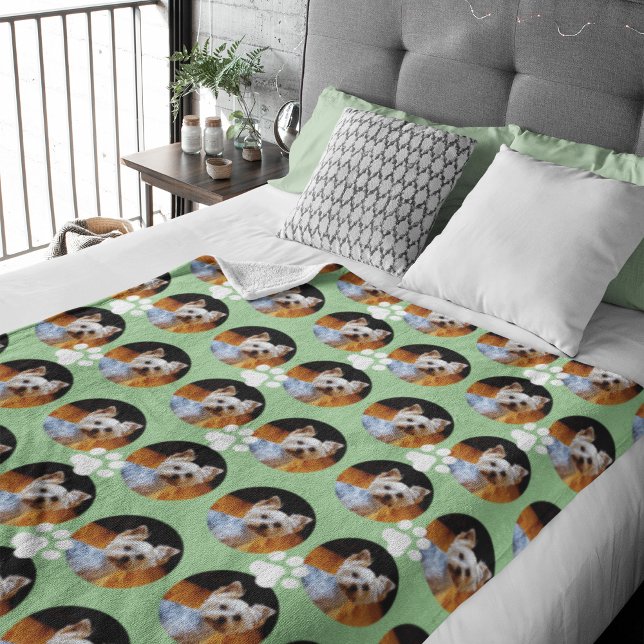 Cute Sage Green Pet Photo Paw Print Personalized Fleece Blanket (Creator Uploaded)