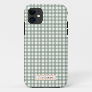 Cute Sage Green Plaid Personalized  iPhone 11 Case