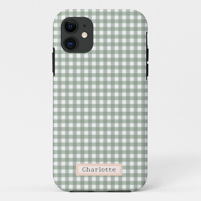 Cute Sage Green Plaid Personalized  Case-Mate iPhone Case (Back)