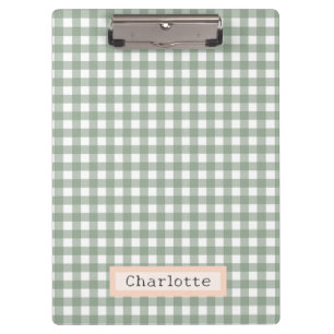 Cute Sage Green Plaid Personalized Clipboard