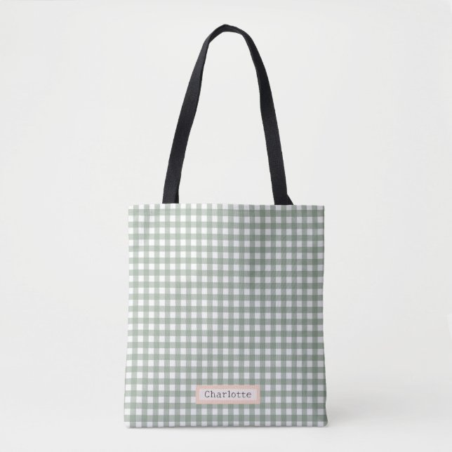 Cute Sage Green Plaid Personalized  Tote Bag (Front)