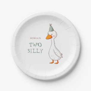 Cute Sage Green Two Silly Goose Birthday Paper Plate