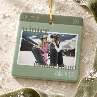 Cute Sage Green Winter Ski Trip Photo Ceramic Ornament