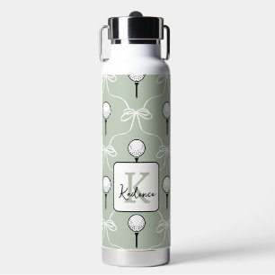 Cute Sage White Bow Golf Pattern Monogram Water Bottle