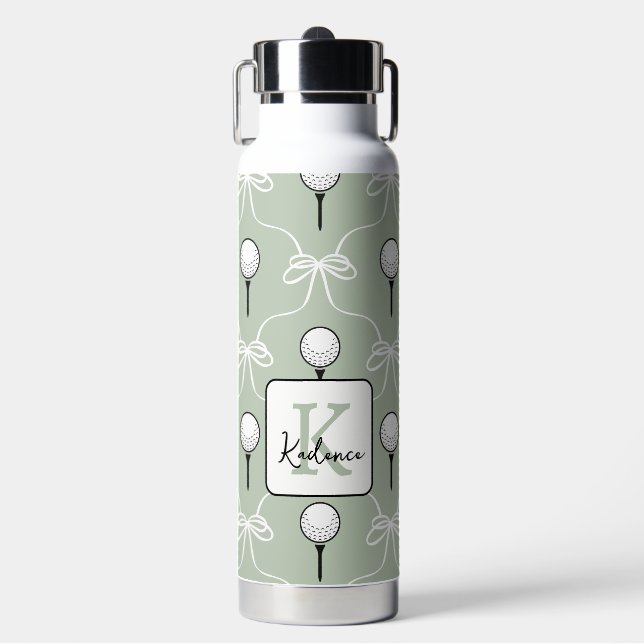 Cute Sage White Bow Golf Pattern Monogram  Water Bottle (Front)
