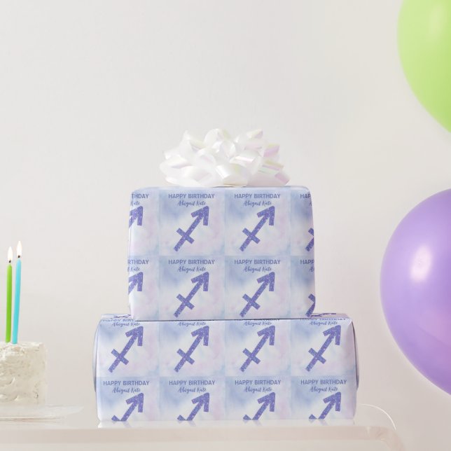 Cute Sagittarius Sign Custom Purple Happy Birthday Wrapping Paper (Party Gifts)