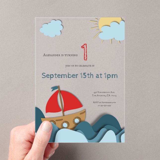 Cute Sail Boat Nautical First Birthday Acrylic Invitations (Insitu (Handheld))