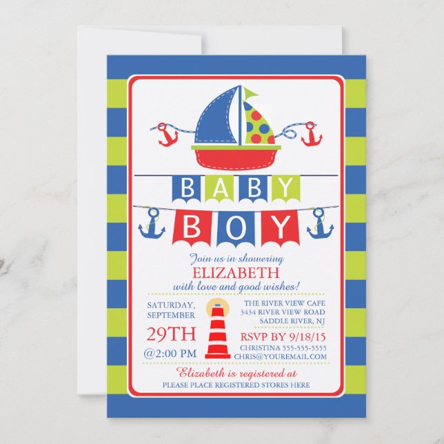 Cute Sailboat Nautical Boy Baby Shower Invitation (Front)
