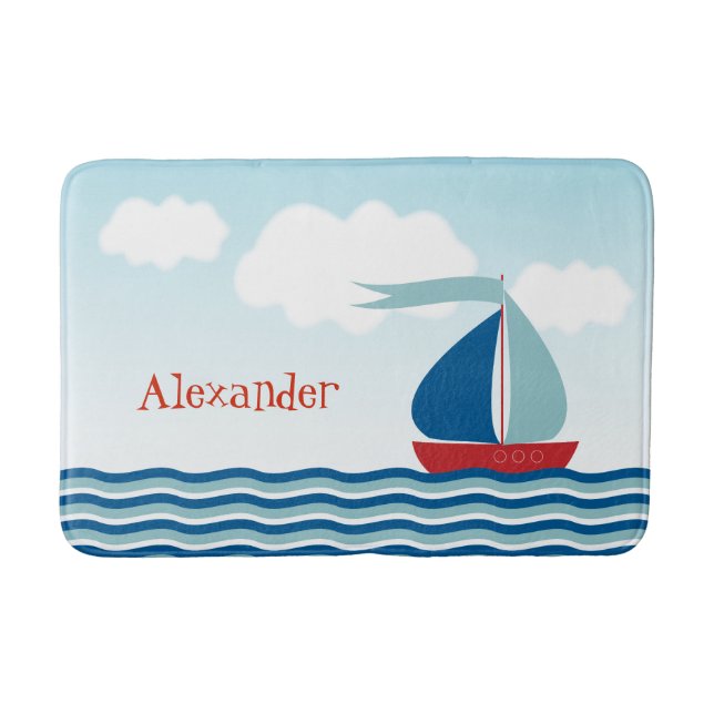Cute Sailboat on Water, Personalized Nautical Bath Mat (Front)