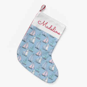 Cute Sailboat Pattern   Add Your Name Small Christmas Stocking