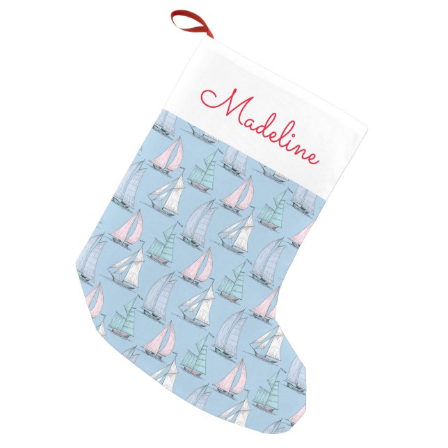 Cute Sailboat Pattern | Add Your Name Small Christmas Stocking (Front (Hanging))