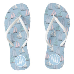 Cute Sailboat Pattern Monogram Flip Flops