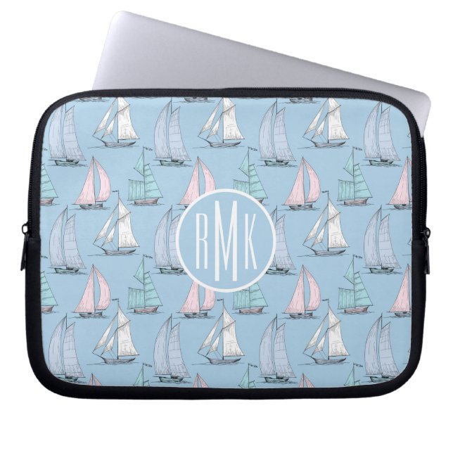Cute Sailboat Pattern | Monogram Laptop Sleeve (Front)