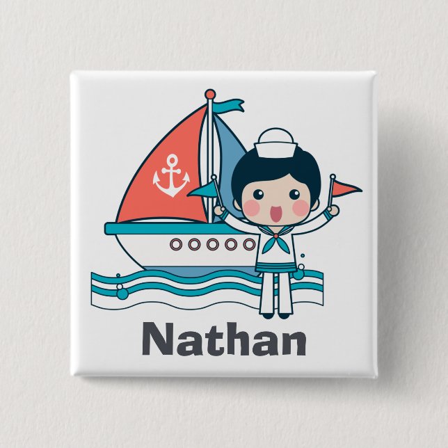 Cute Sailor and Boat Personalised 2 Inch Square Button (Front)