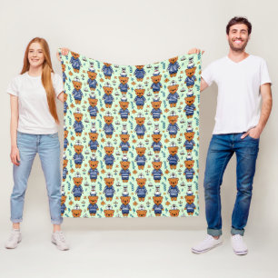Cute Sailor Bear Pattern With Navy Stripes Fleece Blanket