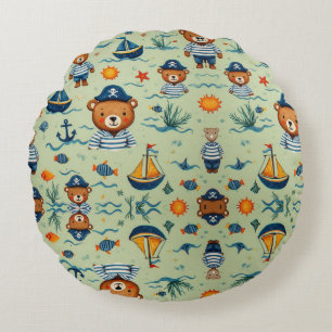 Cute Sailor Bear Pattern With Navy Stripes Round Pillow