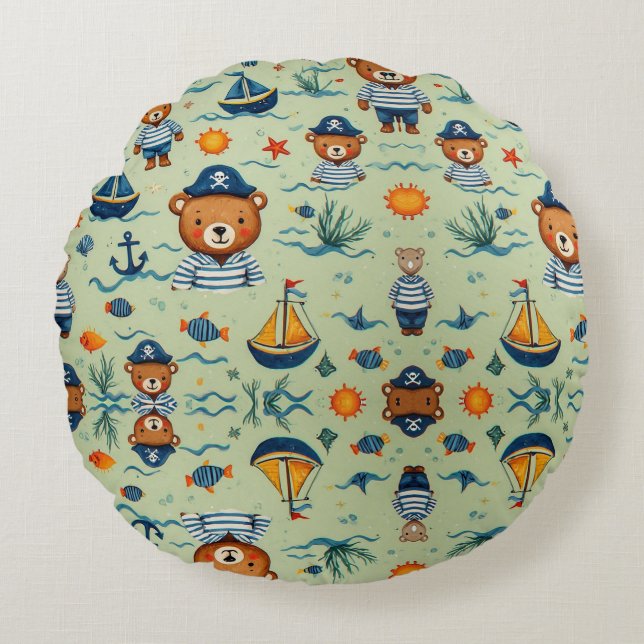 Cute Sailor Bear Pattern With Navy Stripes Round Pillow (Front)
