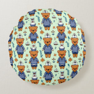Cute Sailor Bear Pattern With Navy Stripes Round Pillow