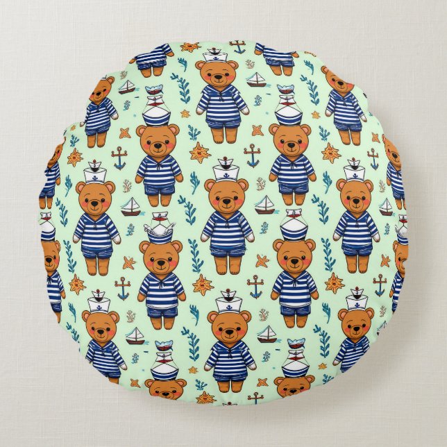 Cute Sailor Bear Pattern With Navy Stripes Round Pillow (Front)