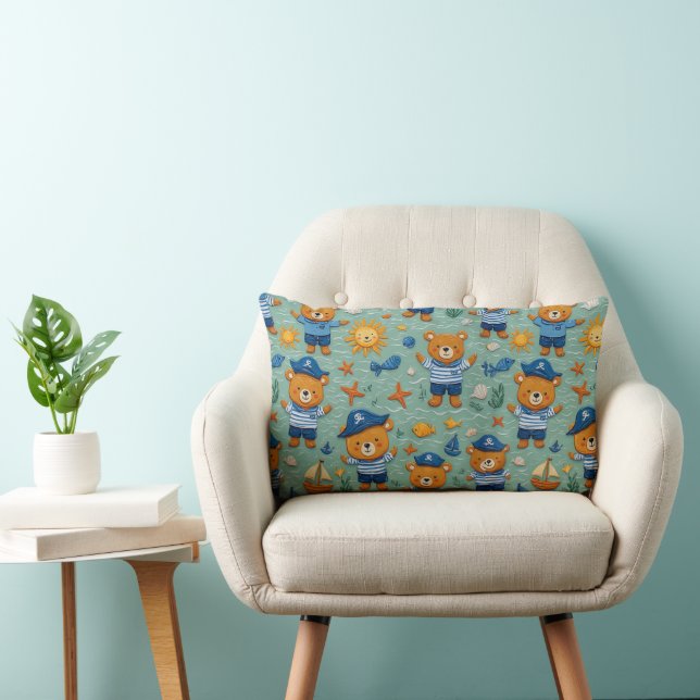 Cute Sailor Bear Pattern With Ocean Theme Lumbar Pillow (Chair)